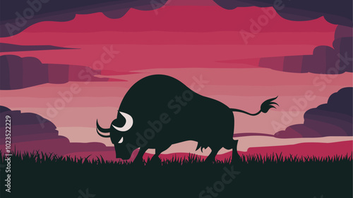 Silhouette of an enraged bull against a blood-red sky.