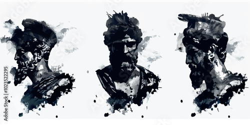 Set of three graffiti-style busts of classical sculptures. Black and white ink splash art depicting ancient statues, capturing a modern, edgy interpretation of classical Greek and Roman aesthetics.