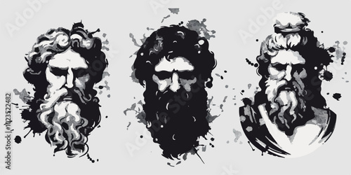 Set of three graffiti-style busts of classical sculptures. Black and white ink splash art depicting ancient statues, capturing a modern, edgy interpretation of classical Greek and Roman aesthetics.