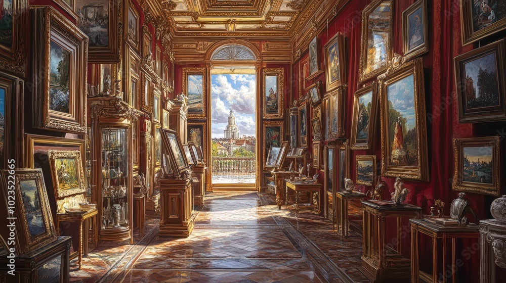Fototapeta premium Ornate room with many paintings and a view.