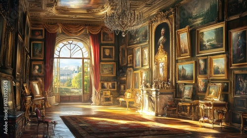 Ornate room with paintings and a window view.