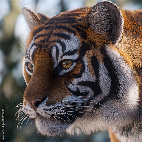 Close-up of a majestic tiger staring intently, highlighting its powerful presence. photo