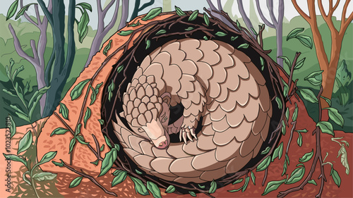 A pangolin napping peacefully in a cozy burrow made of twigs and leaves.