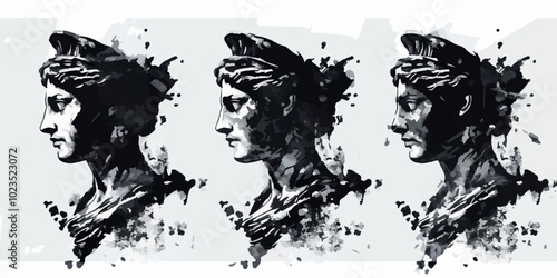 Set of three graffiti-style busts of classical sculptures. Black and white ink splash art depicting ancient statues, capturing a modern, edgy interpretation of classical Greek and Roman aesthetics.