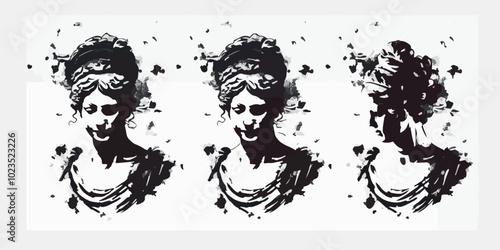 Set of three graffiti-style busts of classical sculptures. Black and white ink splash art depicting ancient statues, capturing a modern, edgy interpretation of classical Greek and Roman aesthetics.