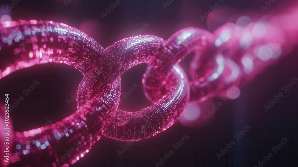 A vibrant close-up of a glowing pink chain link, showcasing intricate details and sparkling textures in a dark background. A vibrant close-up of a glowing pink chain link, showcasing intricate details and sparkling textures in a dark background.