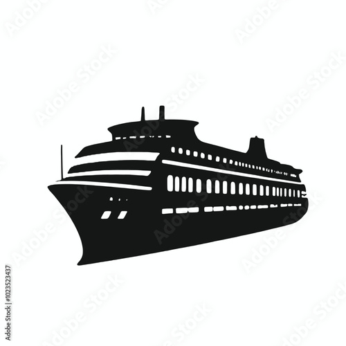 A black silhouette of a large cruise ship or passenger liner 