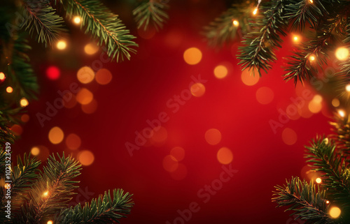 A red background with a Christmas tree and sparkling bokeh lighting in a Christmas background. A text space Christmas card.