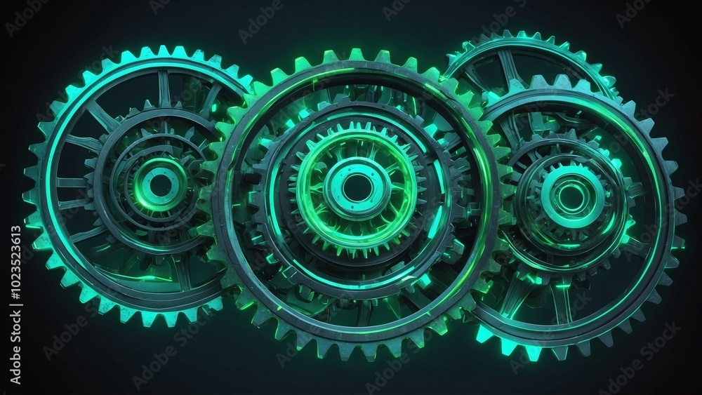 Glowing neon green and blue mechanical cogs representing advanced technology Glowing neon green and blue mechanical cogs representing advanced technology