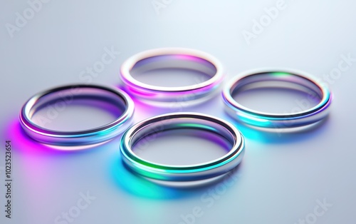 Four colorful rings reflecting light on a smooth surface creating an artistic display during a bright daylight setting