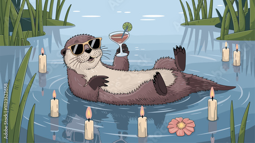 An otter with stylish sunglasses floating on its back in a serene lake surrounded by reeds.