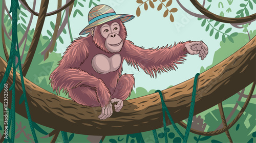 An orangutan with a colorful hat sitting on a large tree branch in a dense jungle.