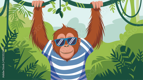 An orangutan with sunglasses hanging from a vine in a lush rainforest.