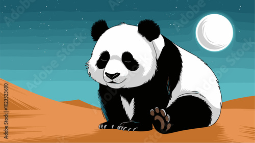 Panda resting under a starry sky in the moonlit desert, with its black-and-white fur contrasting against the arid, sandy landscape.