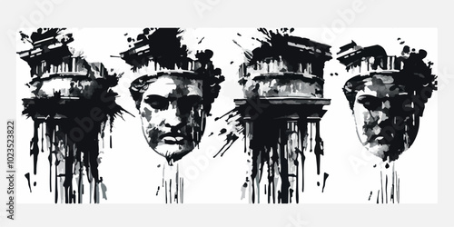 Set of three graffiti-style busts of classical sculptures. Black and white ink splash art depicting ancient statues, capturing a modern, edgy interpretation of classical Greek and Roman aesthetics.