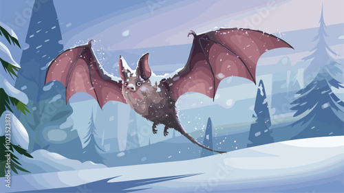 Unusual bat in a snowy landscape, with snowflakes gently falling on its wings and the wintery setting adding a rare, fascinating contrast.