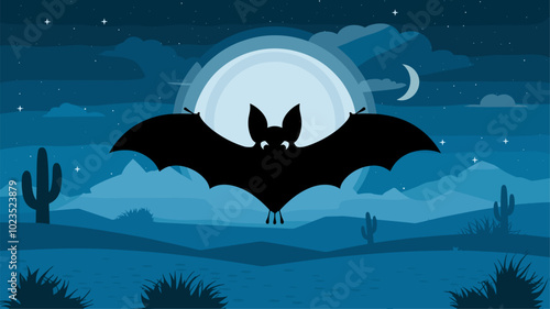 Bat flying through the moonlit desert, its dark silhouette contrasting against the starry sky and arid, sandy landscape.