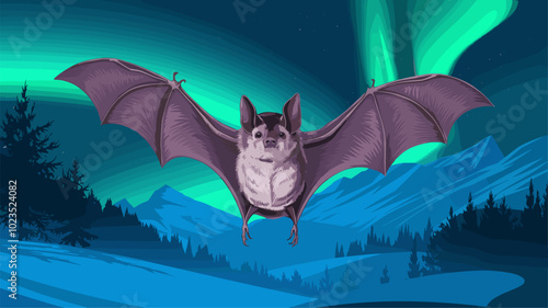 Bat suspended in mid-air against a snowy backdrop, illuminated by the Northern Lights