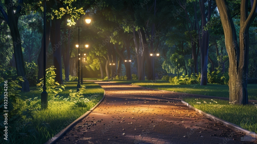 Enchanting Midnight Stroll Illuminated Path in Park with Dramatic Shadows