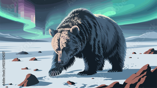 Majestic bear foraging in a snowy landscape, with the Northern Lights creating a colorful display that highlights its rugged features.