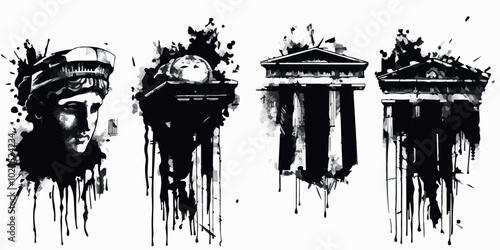 Set of three graffiti-style busts of classical sculptures. Black and white ink splash art depicting ancient statues, capturing a modern, edgy interpretation of classical Greek and Roman aesthetics.