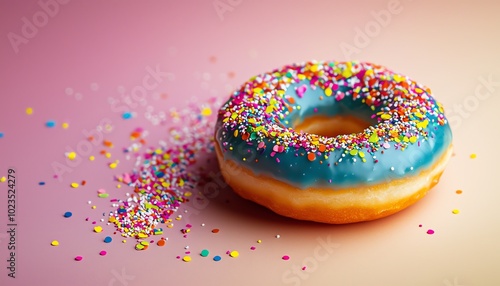 A colorful donut topped with blue icing and vibrant sprinkles, surrounded by scattered sprinkles on a soft pastel background.