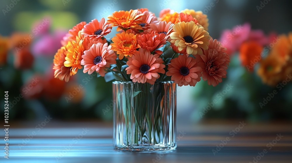 A bouquet of vibrant orange and yellow daisies in a clear glass vase, sitting on a wooden table. A bouquet of vibrant orange and yellow daisies in a clear glass vase, sitting on a wooden table.