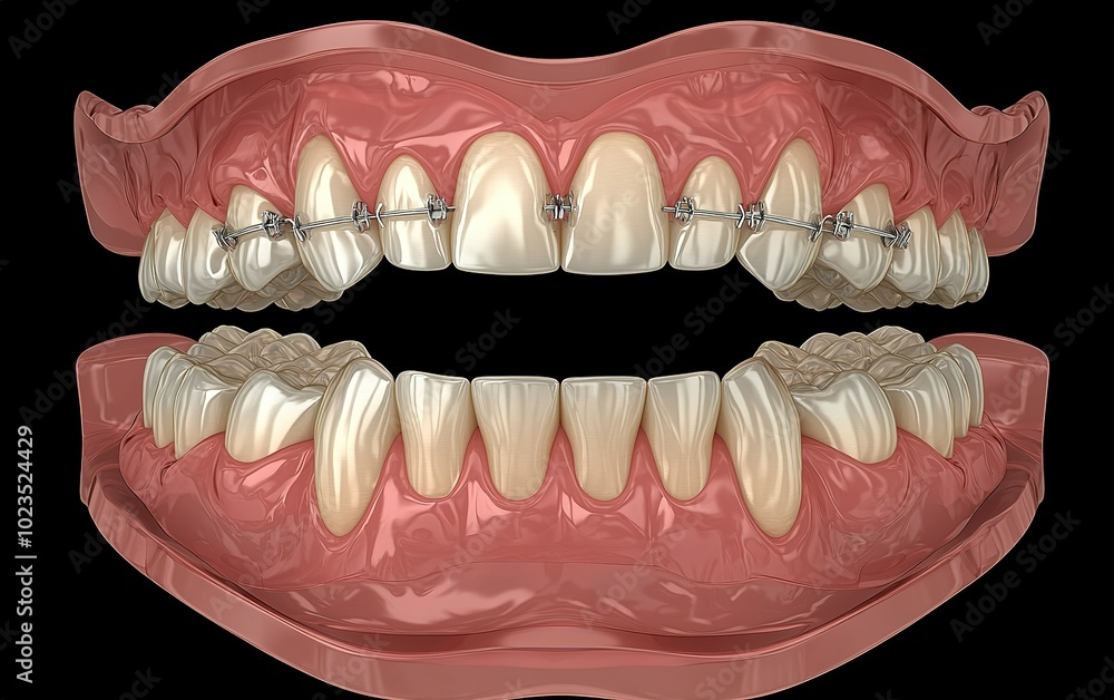 Detailed 3D model of human dentition with braces showcasing teeth alignment and occlusion in a clear view Detailed 3D model of human dentition with braces showcasing teeth alignment and occlusion in a clear view