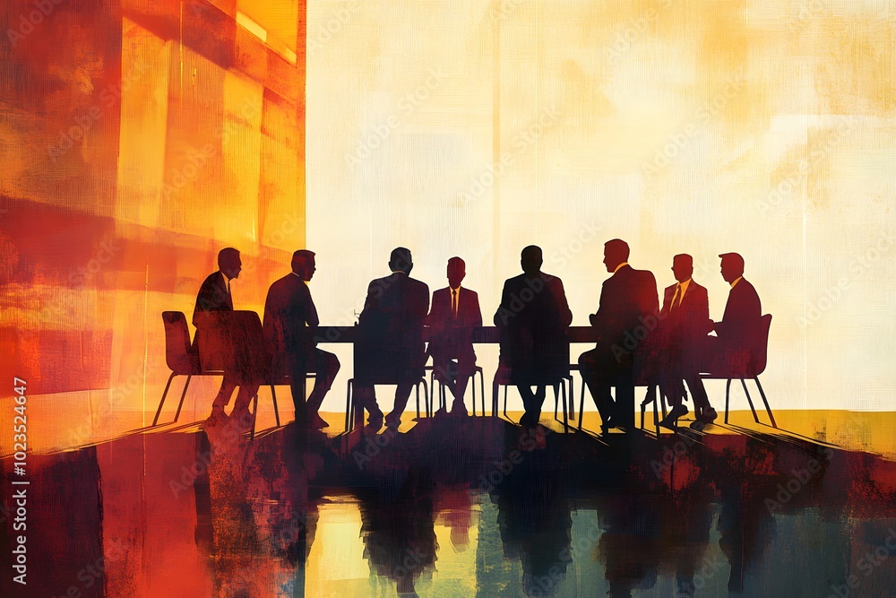 Silhouettes of Businessmen in a Meeting Room with a Red and Yellow Abstract Background Silhouettes of Businessmen in a Meeting Room with a Red and Yellow Abstract Background