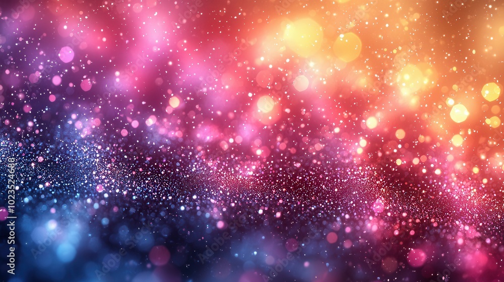 Fototapeta premium A vibrant display of colors creates an abstract background filled with sparkling light effects. The scene combines hues of purple, pink, orange, and blue, blending seamlessly to evoke a sense of wonde