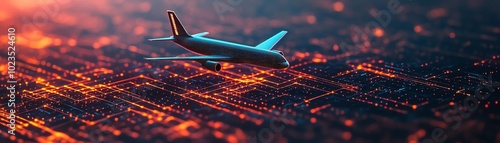 Aerial view of an airplane flying over a city at night, illuminated by city lights.