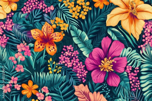 Seamless floral pattern with vibrant colors, intricate details, and exotic flowers, perfect for fabric design and wallpapers, highly detailed and aesthetically pleasing, lush tropical jungle vibes