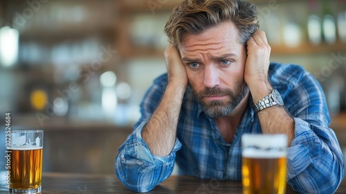 A man shows a look of concern while seated at a bar, clutching his head in worry. Two glasses of beer sit on the table in front of him. The warm lighting and wooden decor create a relaxed yet tense at photo