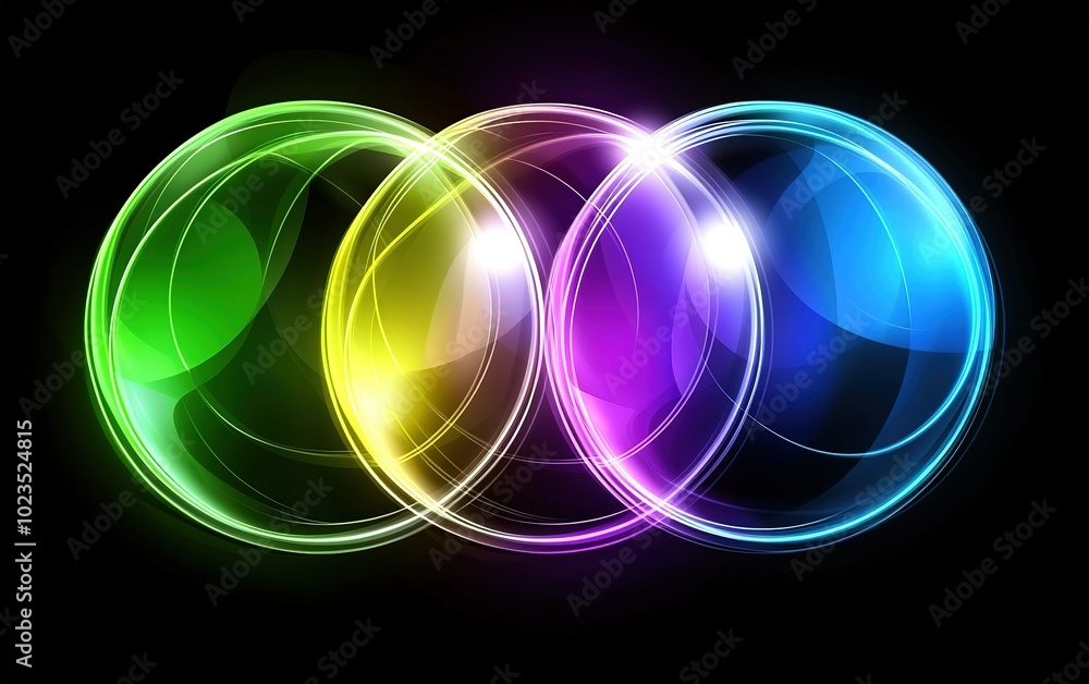 Colorful abstract bubbles glowing against a dark background in vibrant hues of green, yellow, blue, and purple Colorful abstract bubbles glowing against a dark background in vibrant hues of green, yellow, blue, and purple