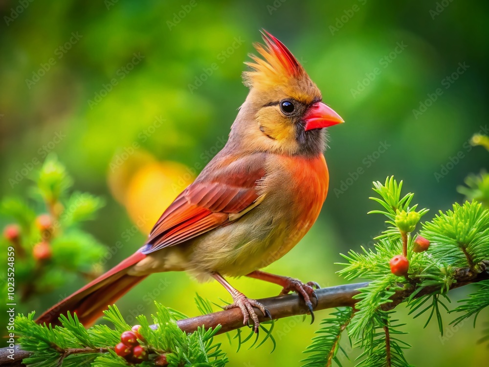 Beautiful Female Northern Cardinal Perched on Branch in Vibrant Green Background, Showcasing Nature's Colorful Wildlife Beautiful Female Northern Cardinal Perched on Branch in Vibrant Green Background, Showcasing Nature's Colorful Wildlife