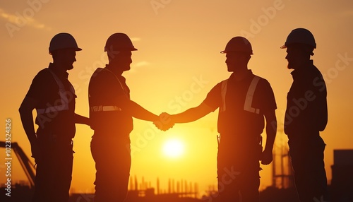 Silhouettes of workers shaking hands against a sunset backdrop, symbolizing partnership and cooperation.