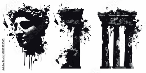 Set of three graffiti-style busts of classical sculptures. Black and white ink splash art depicting ancient statues, capturing a modern, edgy interpretation of classical Greek and Roman aesthetics.
