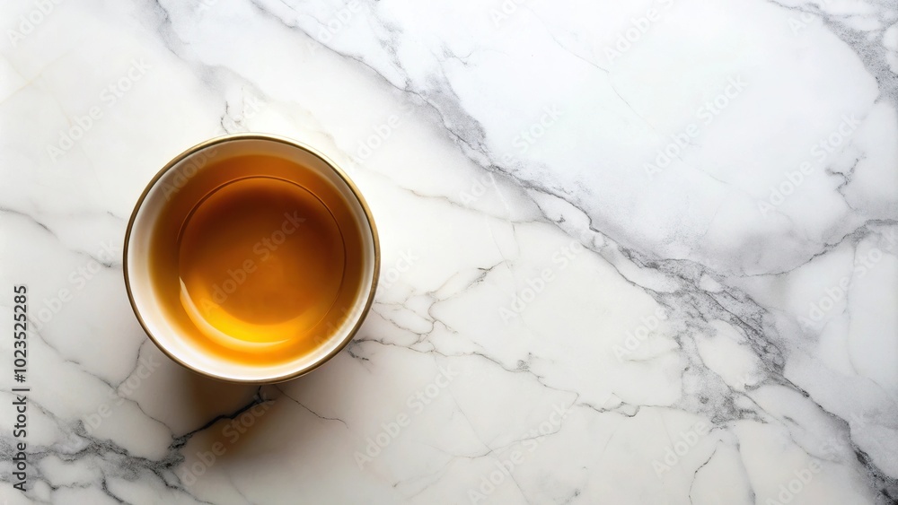 Golden hot bowl with tea on a white marble background Golden hot bowl with tea on a white marble background