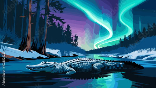 Majestic crocodile partially submerged in a snowy river with the Northern Lights creating a vibrant, ethereal glow that highlights its rugged form.