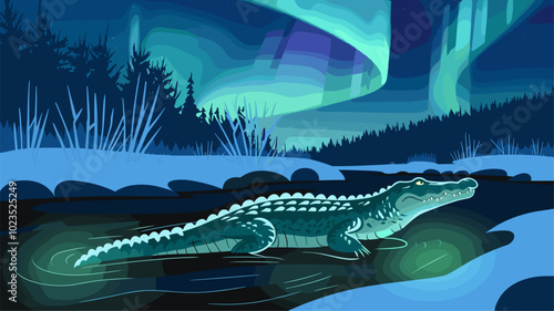 Majestic crocodile partially submerged in a snowy river with the Northern Lights creating a vibrant, ethereal glow that highlights its rugged form.