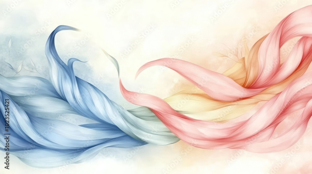 Obraz premium Abstract illustration of flowing blue and pink ribbons blending harmoniously.