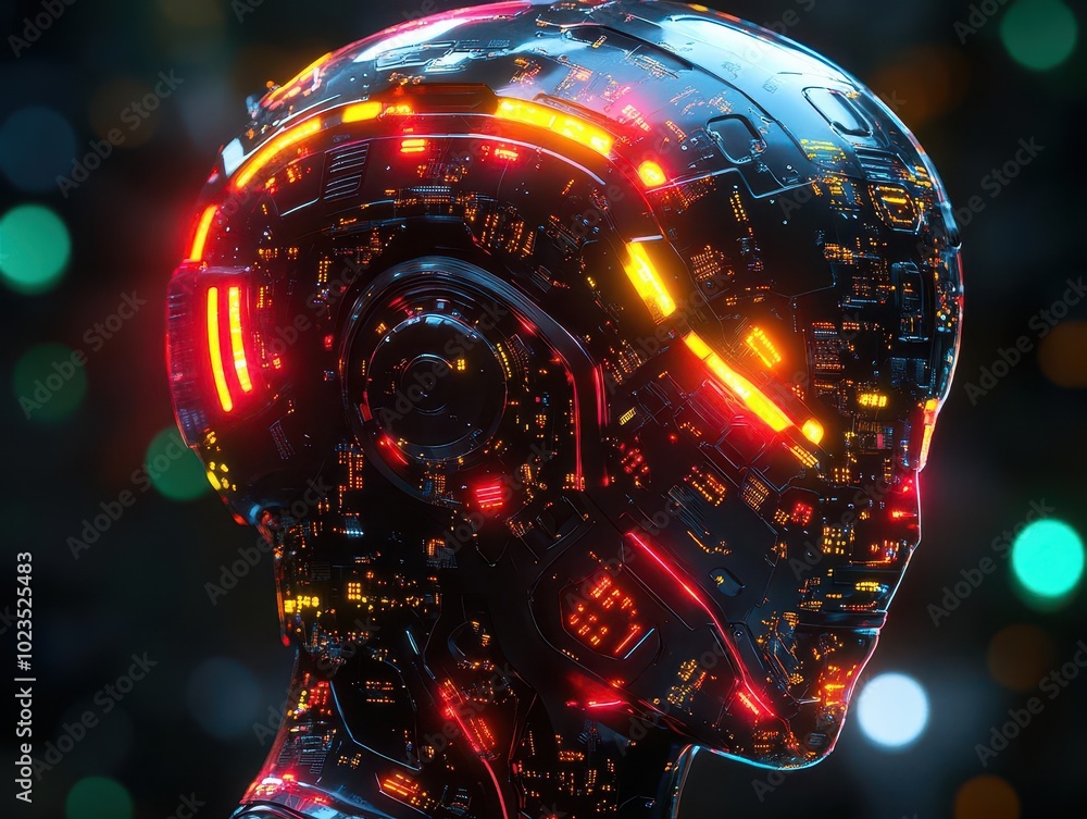 futuristic humanoid robot depicted in vibrant digital illustration, showcasing sleek metallic features and intricate circuitry, blending technology and art in a mesmerizing fusion of form and function futuristic humanoid robot depicted in vibrant digital illustration, showcasing sleek metallic features and intricate circuitry, blending technology and art in a mesmerizing fusion of form and function