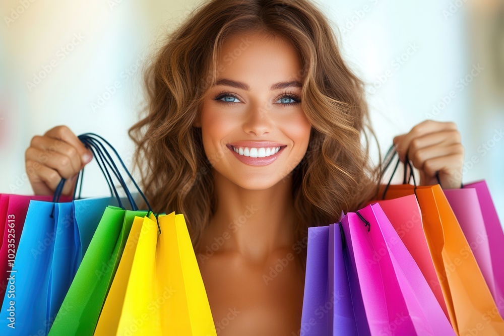 A smiling woman holds an array of rainbow-colored shopping bags in an indoor setting, capturing the cheerful and colorful essence of shopping, with dynamic light play adding to the appeal. A smiling woman holds an array of rainbow-colored shopping bags in an indoor setting, capturing the cheerful and colorful essence of shopping, with dynamic light play adding to the appeal.