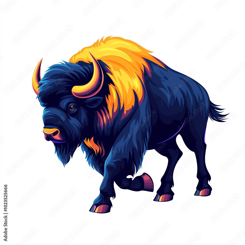 Fototapeta premium A colorful bison with a striking mane, walking confidently against a white background.