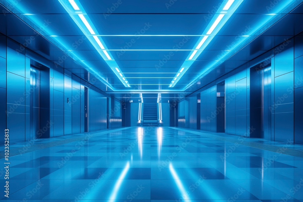 Empty Hallway with Elevators and Escalator in Blue Tones Empty Hallway with Elevators and Escalator in Blue Tones