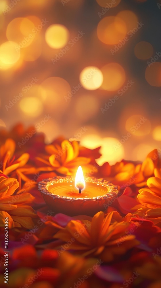 A warm candlelight flickers amidst colorful marigold petals, creating a festive atmosphere A warm candlelight flickers amidst colorful marigold petals, creating a festive atmosphere