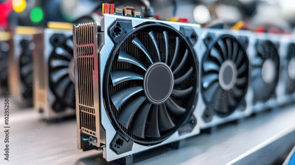 Fototapeta premium Close-up of a powerful graphics card with a sleek design and advanced cooling fan, ideal for gaming and high-performance computing.