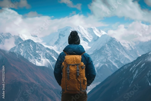 Indian man backpack backpacking mountain.