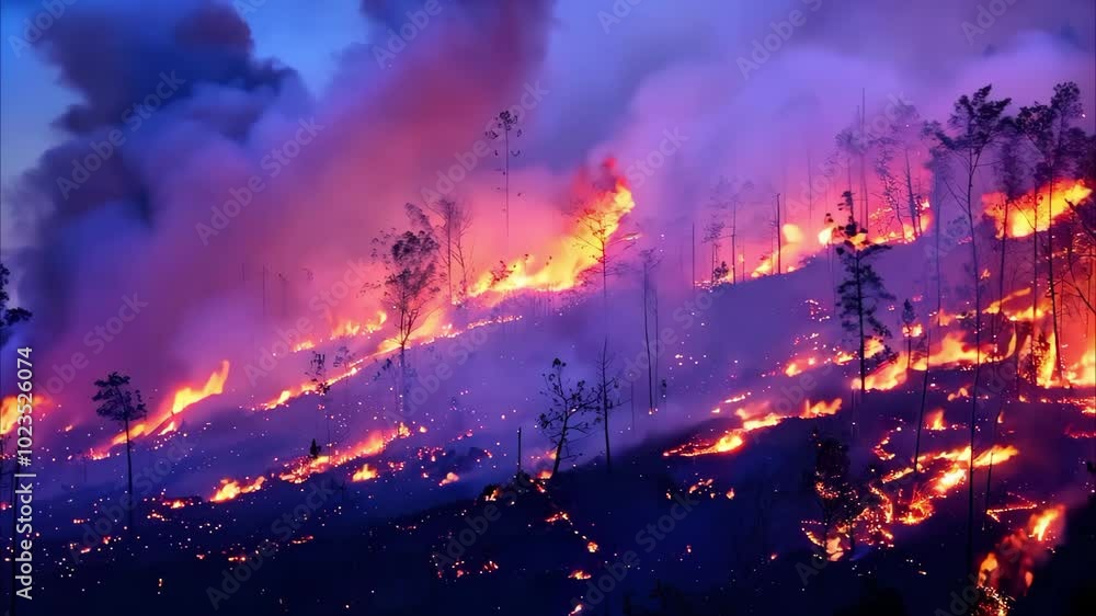 A landscape of a wildfire burning through trees, with flames and smoke creating a dramatic, colorful scene. A landscape of a wildfire burning through trees, with flames and smoke creating a dramatic, colorful scene.