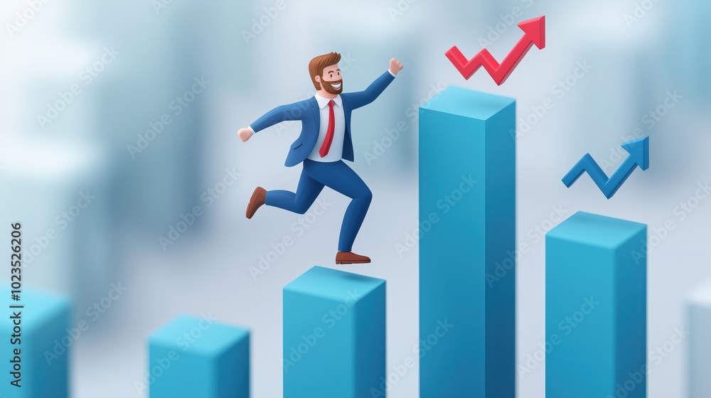 A playful image of a happy businessman jumping across rising bars with arrows, representing business growth, success, and progress. The energetic scene reflects optimism and determination A playful image of a happy businessman jumping across rising bars with arrows, representing business growth, success, and progress. The energetic scene reflects optimism and determination